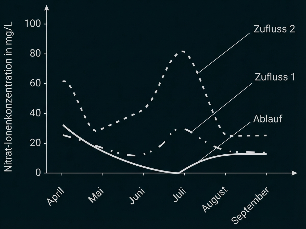Liniendiagramm: Nitratkonzentration (mg/L) April–September für Zufluss 1, Zufluss 2 und Ablauf